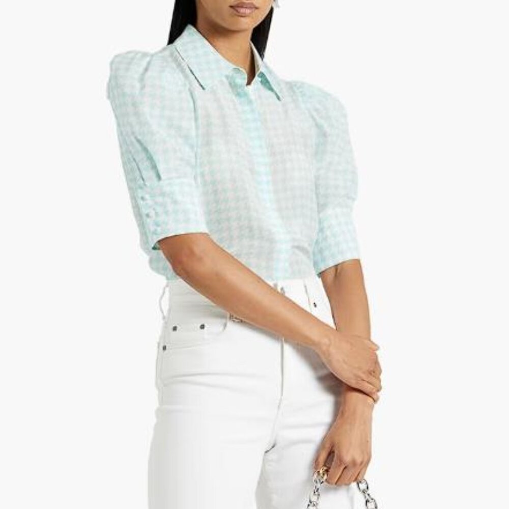 ALICE + OLIVIA Women's Willa Houndstooth Silk Crepe De Chine Shirt Size M Blue